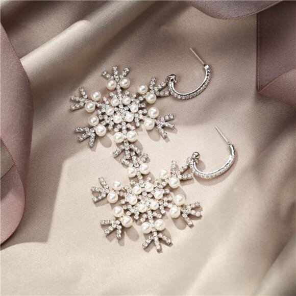 Pearl Snowflake Diamond Stud Silver Dainty Luxury Winter Christmas Mini Earrings - Picture 5 of 8